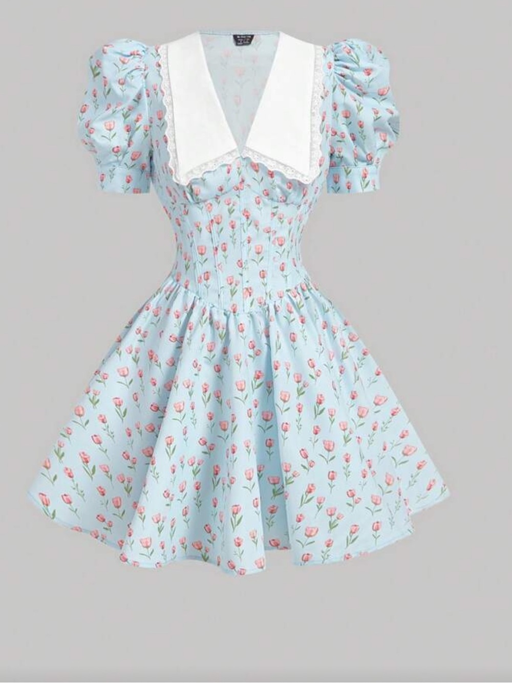 Mini Floral Puff-Sleeve Dress with Contrast Collar - Light Blue